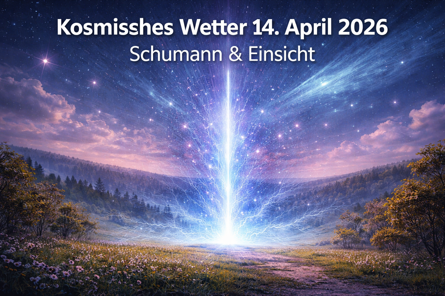 Kosmisches Wetter 14. April 2026 – leuchtender Lichtimpuls durchbricht ruhige Landschaft und symbolisiert Schumann-Peak, Wassermann-Energie und plötzliche Einsicht