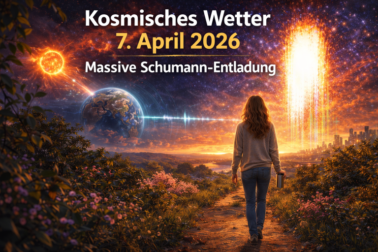 Kosmisches Wetter 7. April 2026 mit massiver Schumann-Entladung – Frau geht spazieren mit Kaffeetasse durch Frühlingslandschaft unter kosmischem Himmel