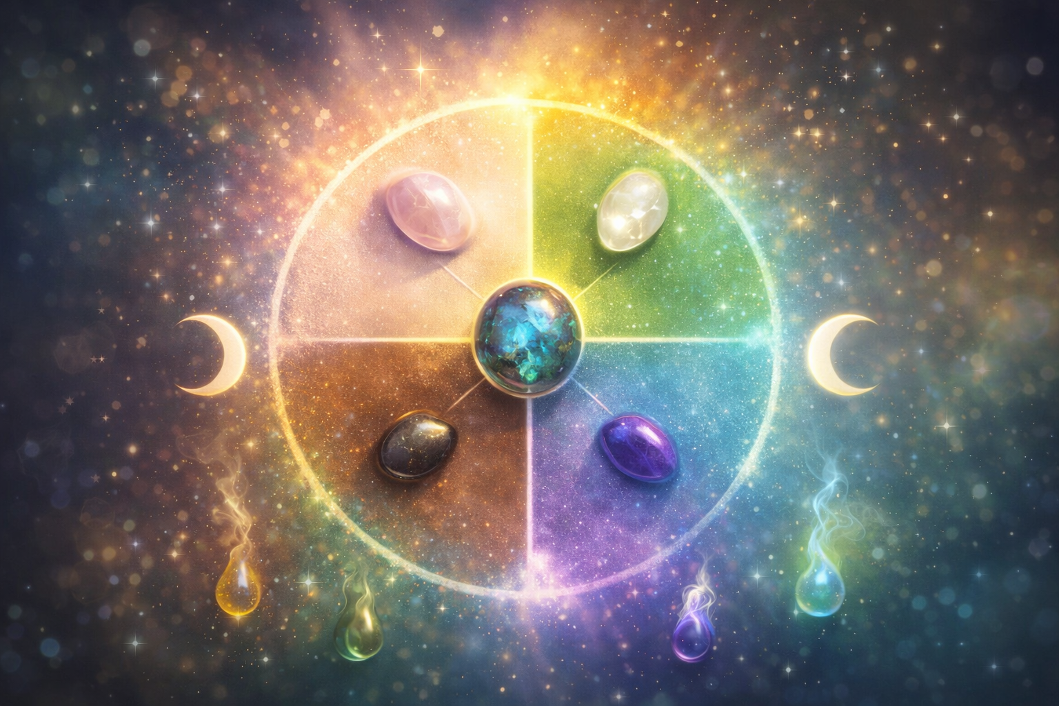 Mondkalender 10.–13. April 2026 Symbolbild mit Farben, Edelsteinen und energetischem Kreis zur Unterstützung von Klarheit, Erdung und innerer Ausrichtung