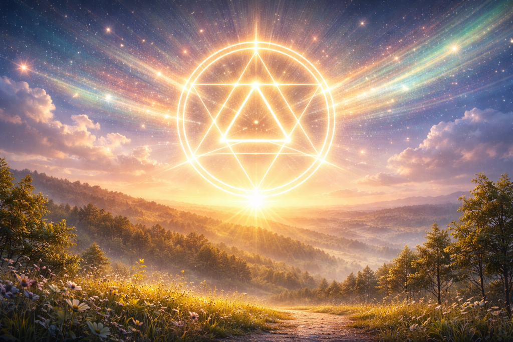 Kosmisches Wetter 10. April 2026 – leuchtendes geometrisches Symbol über Frühlingslandschaft steht für Ausrichtung, Schumann-Nachhall und energetische Balance