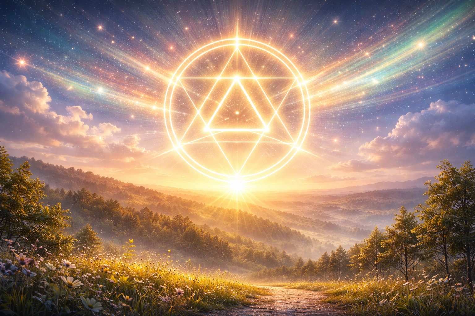 Kosmisches Wetter 10. April 2026 – leuchtendes geometrisches Symbol über Frühlingslandschaft steht für Ausrichtung, Schumann-Nachhall und energetische Balance