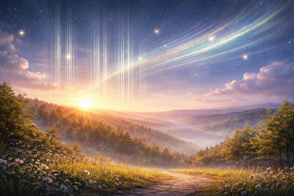 Kosmisches Wetter 12. April 2026 – zarte Lichtlinien am Himmel über ruhiger Frühlingslandschaft zeigen feine Schumann-Impulse und energetische Neuordnung.