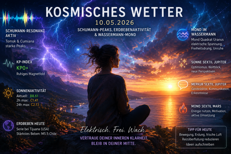 🌍 Kosmisches Wetter heute: Schumann-Ausbrüche, Erdbebenserie & Wassermann-Mond am 10.05.2026