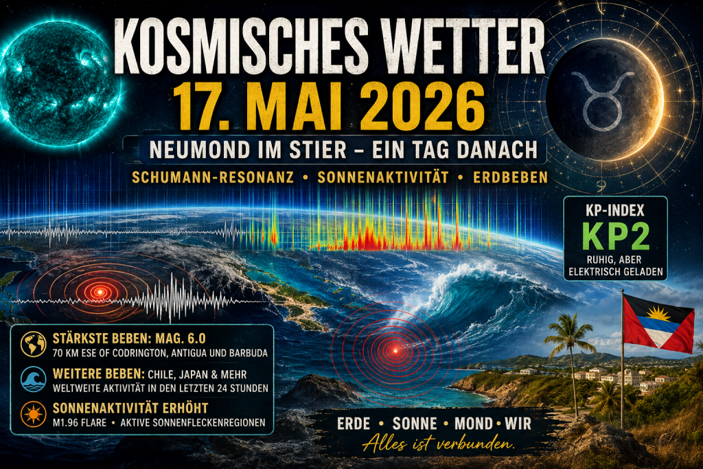 Kosmisches Wetter am 17. Mai 2026 mit Neumond im Stier, Schumann-Resonanz, Sonnenaktivität, KP2 und weltweiten Erdbeben nahe Antigua und Barbuda