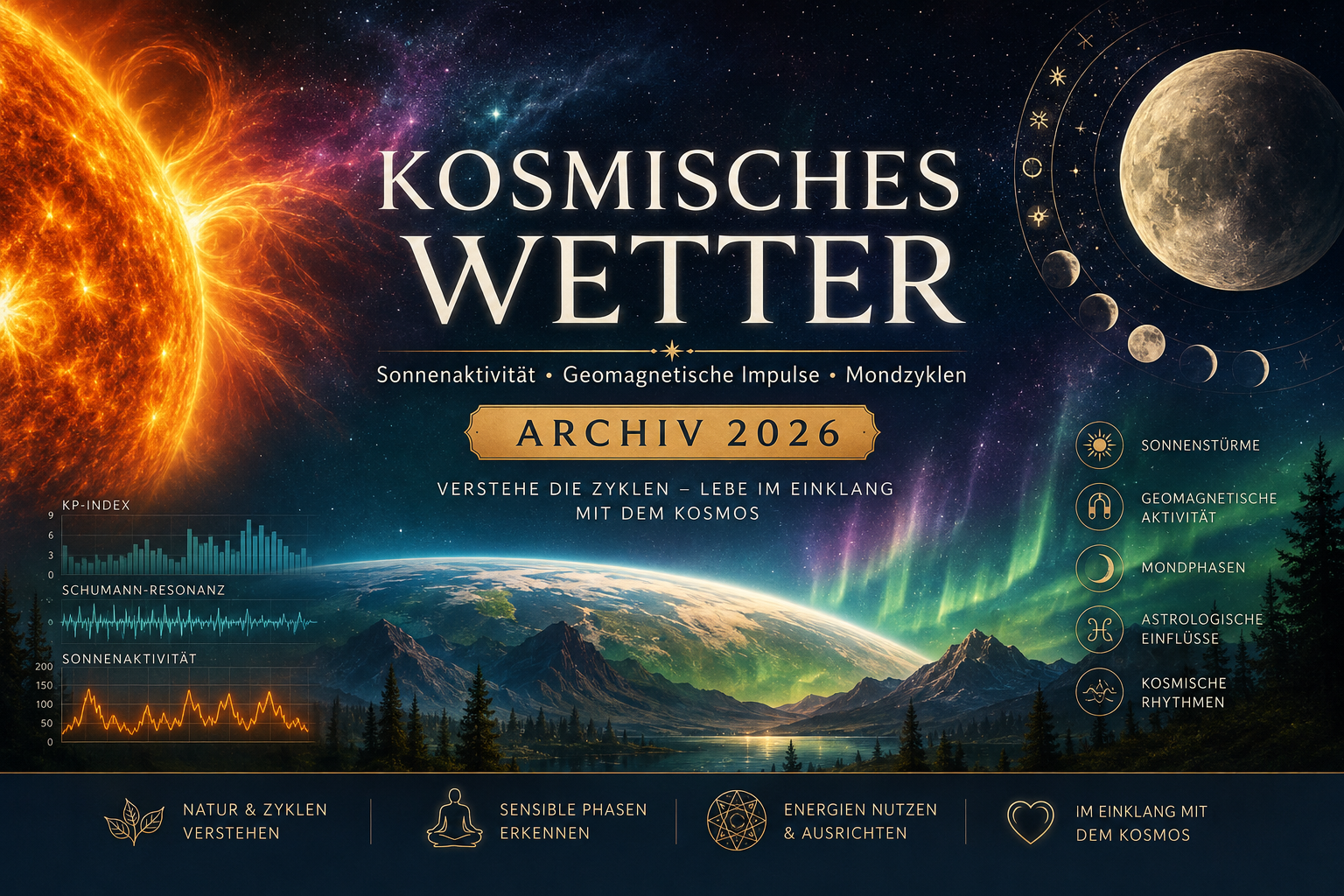 Kosmisches Wetter: Mystisches horizontales Beitragsbild zum kosmischen Wetter 2026 mit Sonne, Mondphasen, Sternenhimmel, Polarlichtern, Bergen und astrologischen Symbolen zur Darstellung von Sonnenaktivität, Schumann-Resonanz und kosmischen Zyklen.
