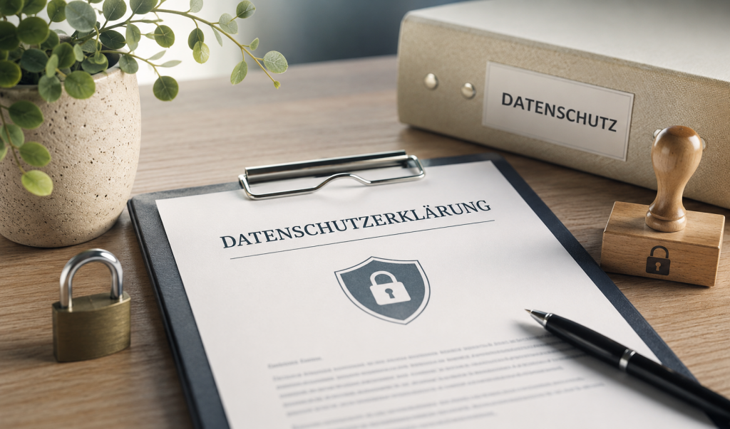 Datenschutzerklärung Beitragsbild mit Klemmbrett, Schloss, Stempel und Dokumenten als Symbol für Datenschutz, Datensicherheit und rechtliche Informationen auf Zeichen13.