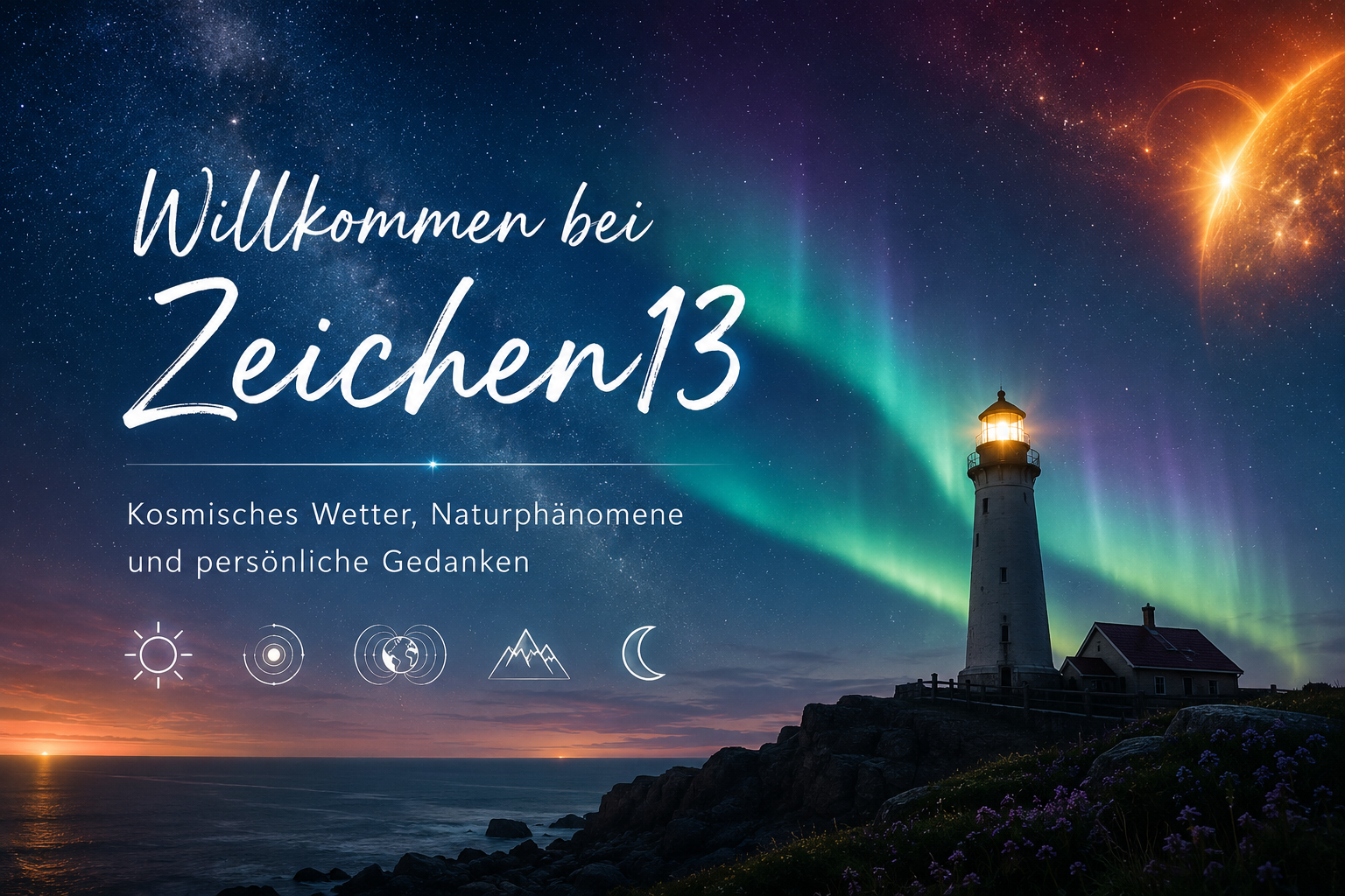 Leuchtturm unter einem sternenklaren Nachthimmel mit Polarlichtern über dem Meer. Symbolbild für Zeichen13, kosmisches Wetter, Naturphänomene und die Beobachtung des Himmels.