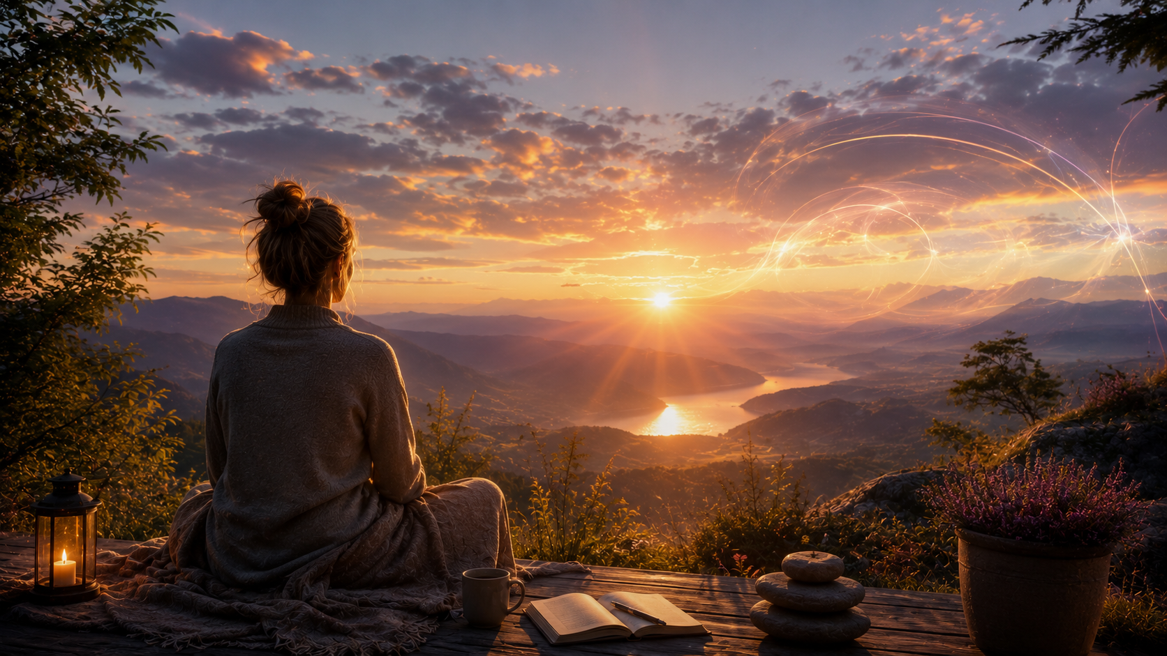 Person sitzt in stiller Betrachtung auf einer Anhöhe bei Sonnenaufgang und blickt über Berge und Seen. Die friedliche Landschaft symbolisiert Achtsamkeit, Erdung, innere Klarheit und einen bewussten Umgang mit dem kosmischen Wetter am 11. Juni 2026.