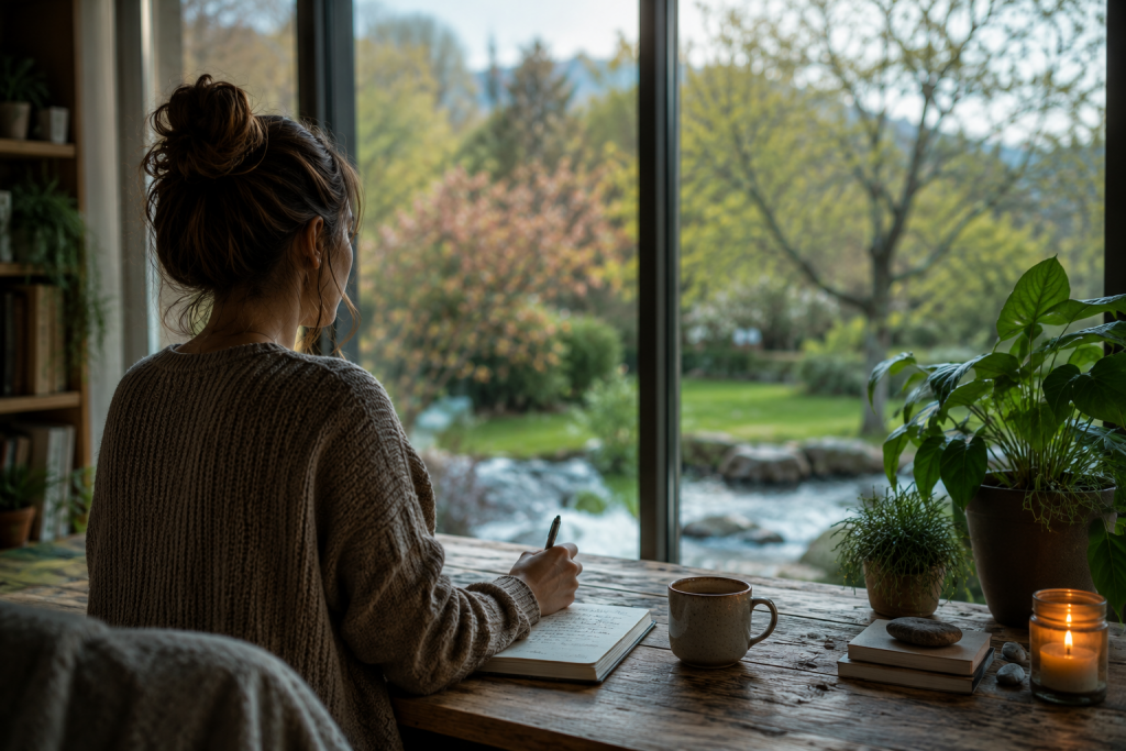 Person sitzt an einem Holztisch vor einem großen Fenster und schreibt Gedanken in ein Notizbuch. Die ruhige Atmosphäre mit Pflanzen, Kerzenlicht und Blick in die Natur symbolisiert Reflexion, Loslassen, innere Ordnung und die bewusste Nutzung des kosmischen Wetters am 12. Juni 2026.