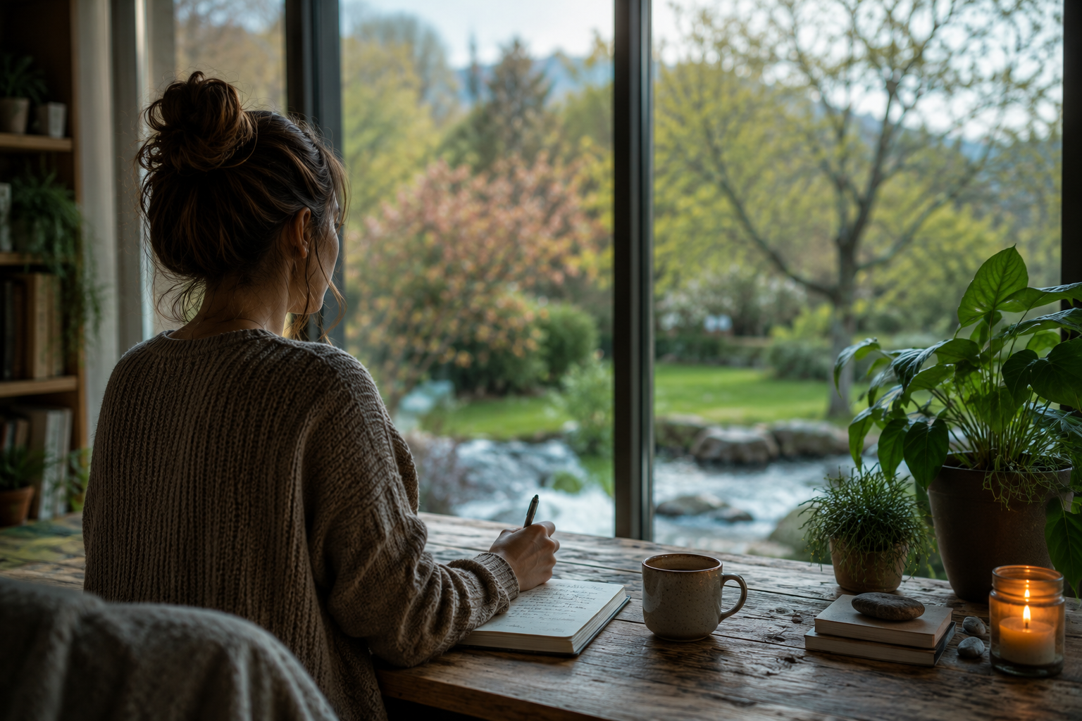 Person sitzt an einem Holztisch vor einem großen Fenster und schreibt Gedanken in ein Notizbuch. Die ruhige Atmosphäre mit Pflanzen, Kerzenlicht und Blick in die Natur symbolisiert Reflexion, Loslassen, innere Ordnung und die bewusste Nutzung des kosmischen Wetters am 12. Juni 2026.