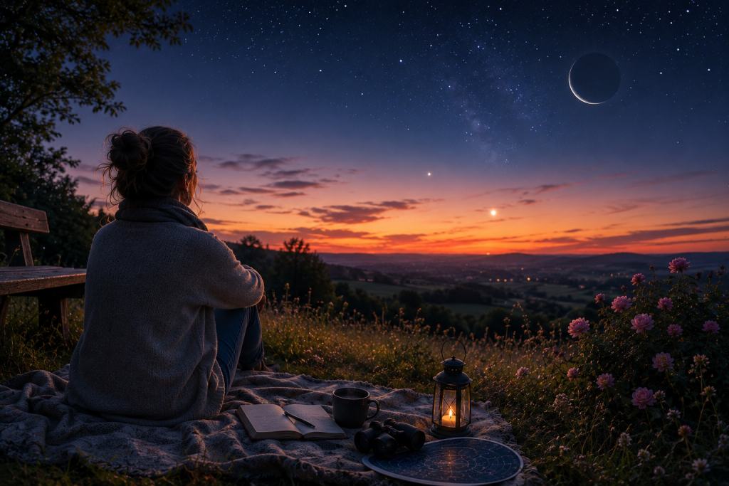 Frau sitzt auf Picknickdecke und schaut in den Abendhimmel.