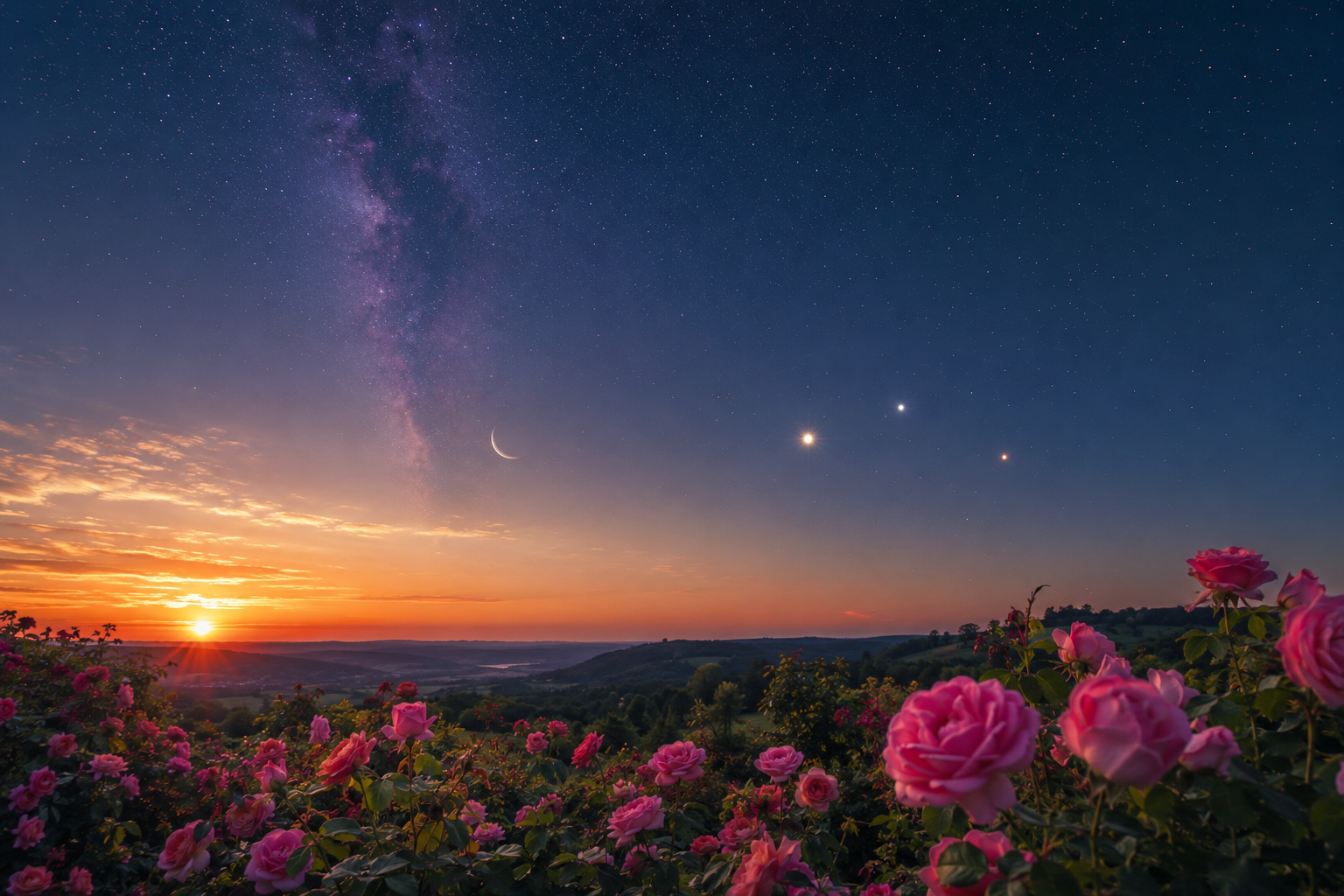 Blühende Rosen im Rosenmonat Juni unter einem klaren Abendhimmel mit Mondsichel, Venus, Jupiter und der Milchstraße. Das Bild symbolisiert die astronomischen Highlights des Juni 2026 und die Schönheit der sommerlichen Himmelsbeobachtung.