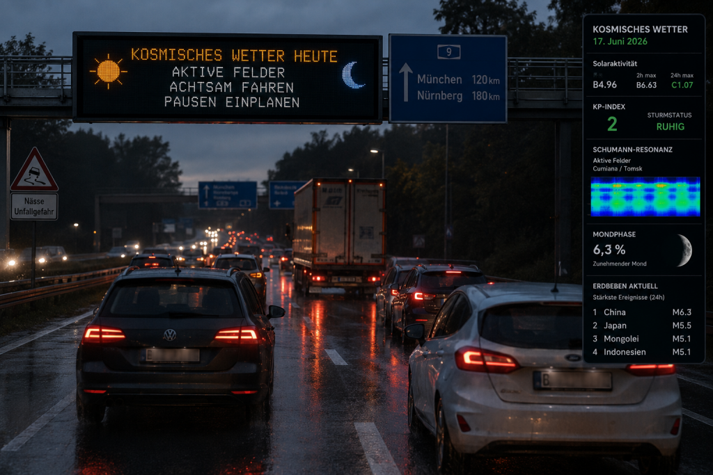 Kosmisches Wetter am 17. Juni 2026 mit regennasser Straße, Verkehr und Fokus auf Aufmerksamkeit und Konzentration