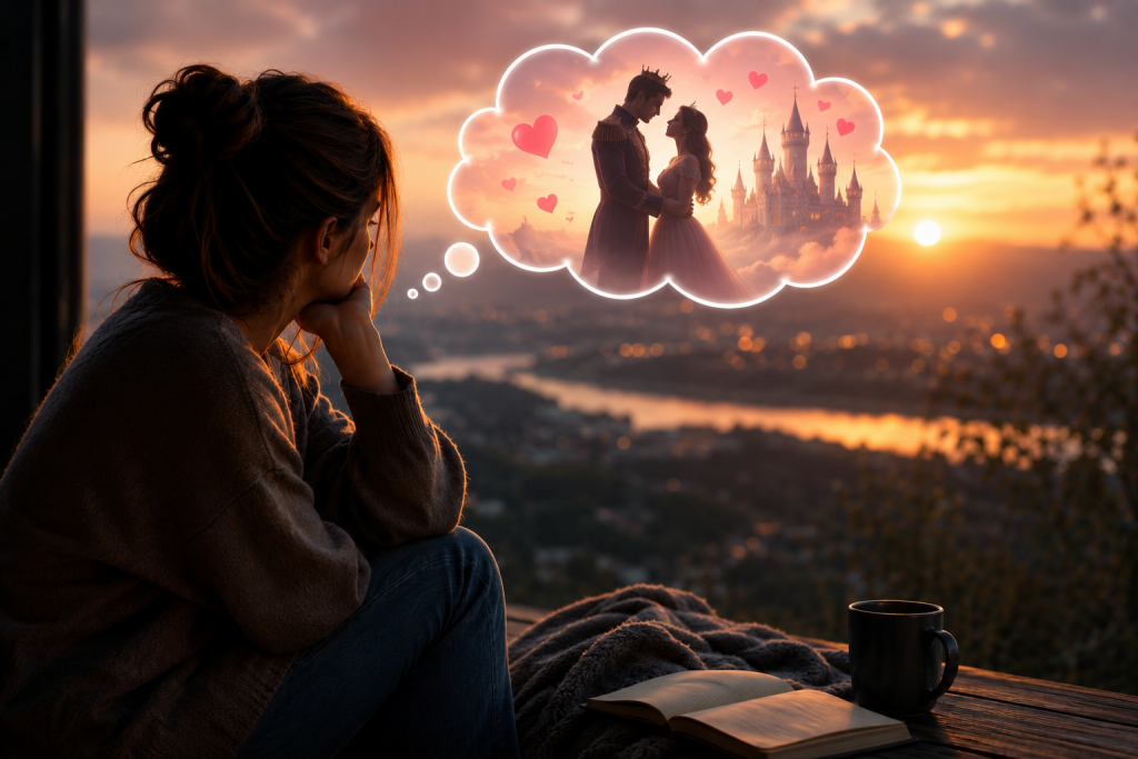 Limerence erkennen: Nachdenkliche Frau blickt in die Ferne und träumt von einer idealisierten Liebesgeschichte als Symbol für Sehnsucht, Fantasie und die Suche nach wahrer Liebe in Gott.
