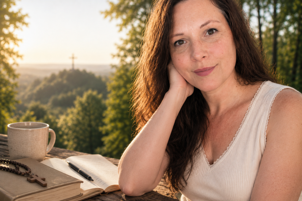 Claire N. Solf sitzt in einer warmen Abendstimmung mit Bibel und Notizbuch in der Natur und blickt nachdenklich in die Kamera – Symbol für persönliche Gedanken, Glauben und Reflexion.