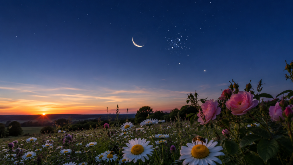 Kosmische News 18. Juni 2026 mit zunehmender Mondsichel nahe dem Bienenstockhaufen M44 über einer blühenden Sommerwiese im Rosenmonat Juni und Blick auf die nahende Sommersonnenwende