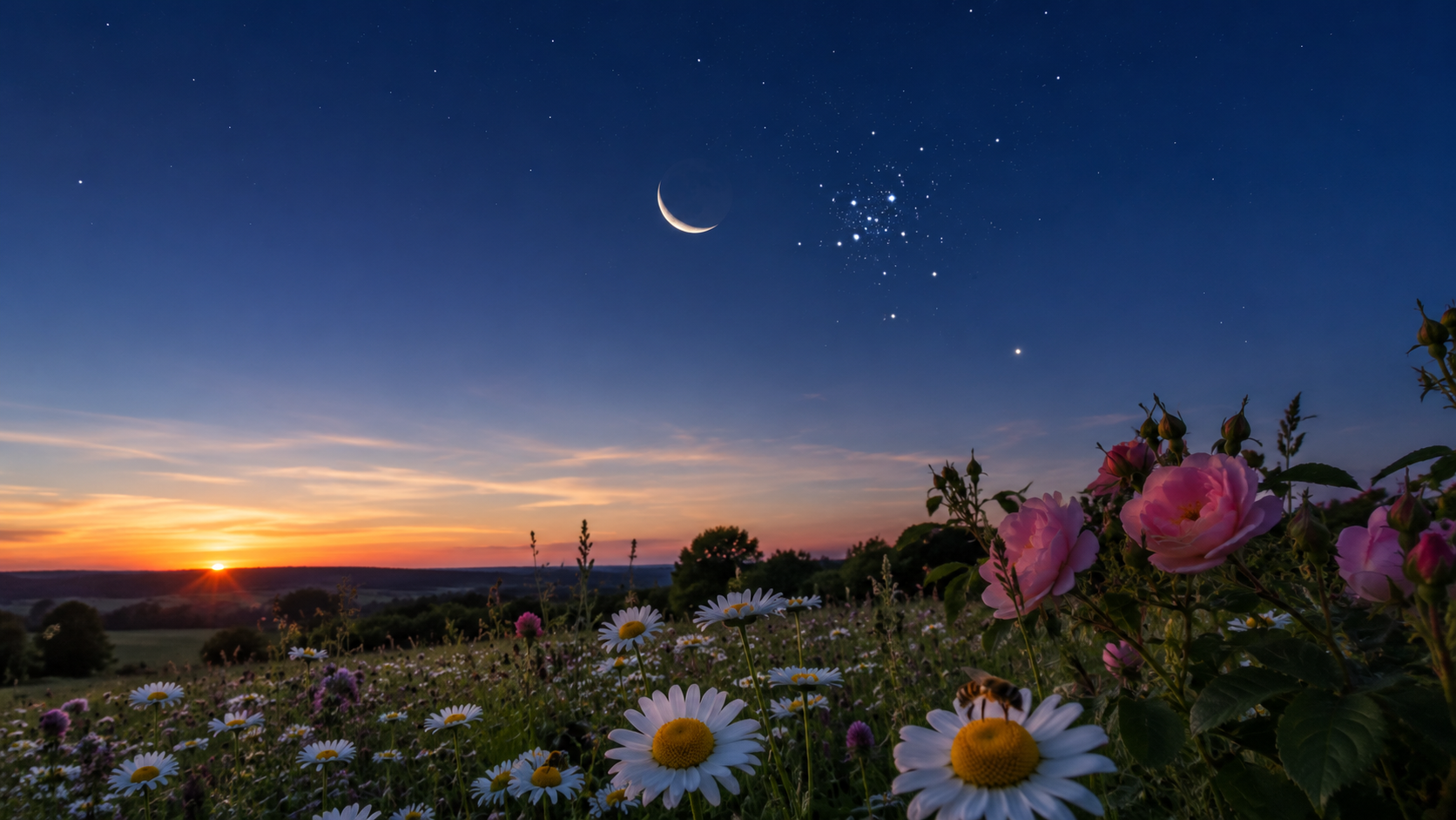 Kosmische News 18. Juni 2026 mit zunehmender Mondsichel nahe dem Bienenstockhaufen M44 über einer blühenden Sommerwiese im Rosenmonat Juni und Blick auf die nahende Sommersonnenwende