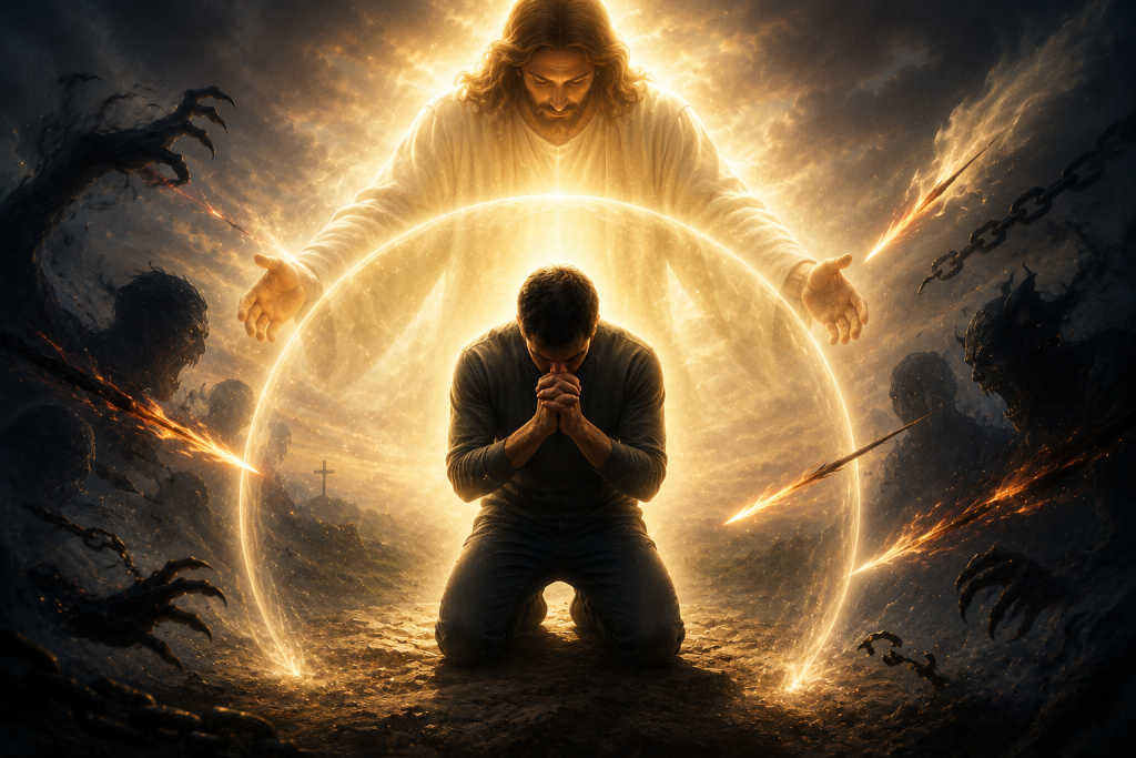 Warfare Prayer: Betender Christ unter dem schützenden Licht Jesu Christi, umgeben von Gottes Liebe und der Waffenrüstung Gottes gegen die Finsternis.