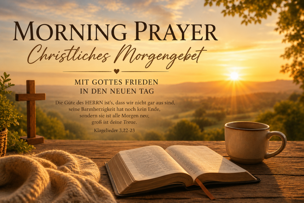 Morning Prayer – Geöffnete Bibel, Holzkreuz und Kaffeetasse im goldenen Sonnenaufgang als Symbol für ein christliches Morgengebet, Gottes Frieden und einen gesegneten Start in den Tag.