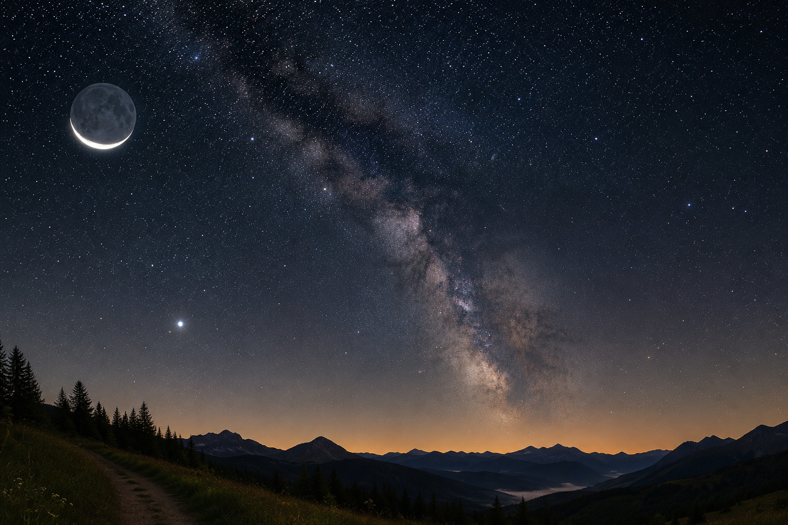 Sommerlicher Sternenhimmel mit der Milchstraße, schmaler Mondsichel und hellem Planeten über einer Berglandschaft im Juli 2026.