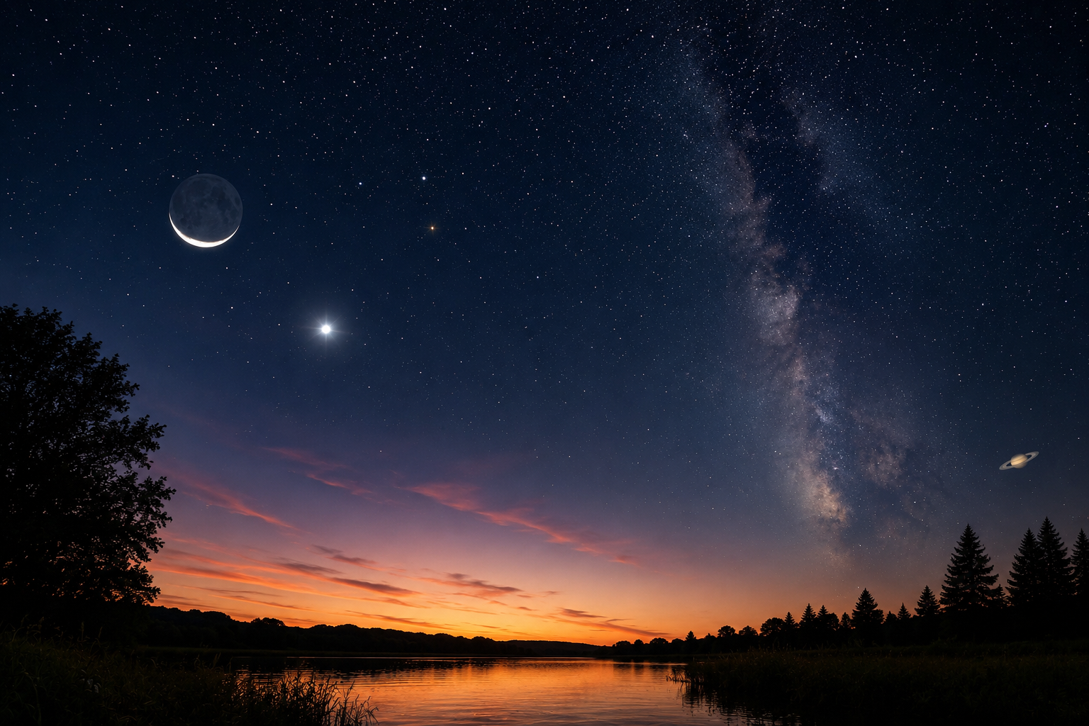 Sternenklarer Sommerhimmel mit der Milchstraße über einem ruhigen See in der Abenddämmerung, heller Venus und schmaler Mondsichel Ende Juli 2026.