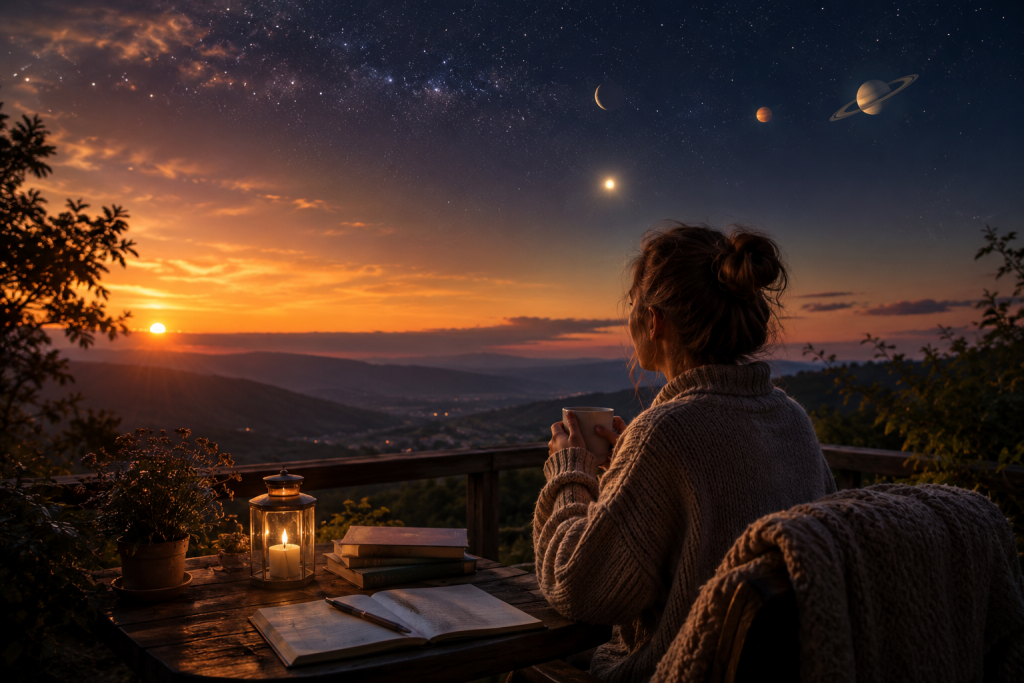 Frau beobachtet an einem Spätsommerabend den kraftvollen Sternenhimmel – stimmungsvolles Beitragsbild zum kosmischen Wetter und zur siderischen Astrologie Ende August 2026.