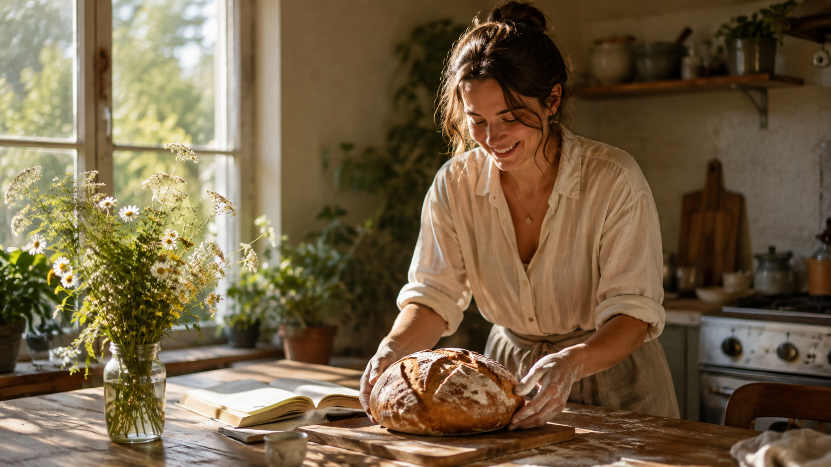 Eine junge Frau stellt an einem sonnigen Sommermorgen frisch gebackenes Brot auf einen Holztisch – Sinnbild für Erdung und Natürlichkeit in der Wahren Siderischen Astrologie.