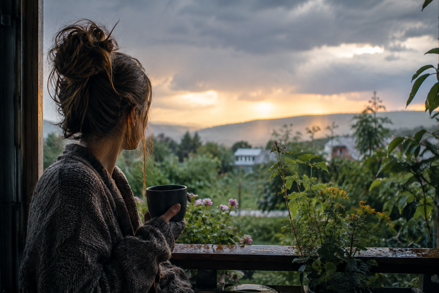 Kosmisches Wetter im August: Eine Frau blickt nach dem lang ersehnten Regen über die abgekühlte, grüne Landschaft.