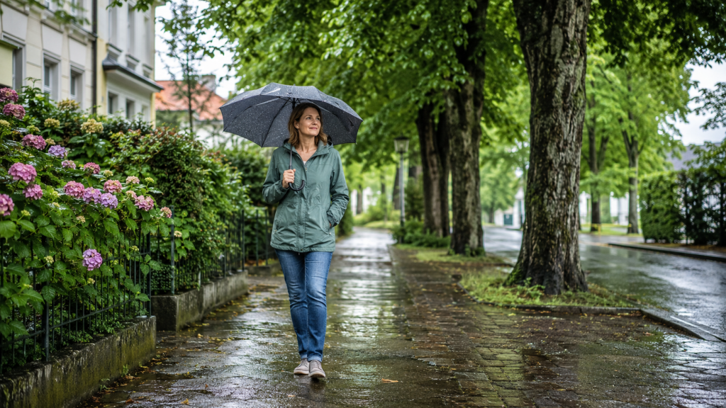 Wahre Siderische Astrologie: Eine Frau mit Regenschirm geht an einem regnerischen Augusttag durch eine grüne, sommerliche Straße.
