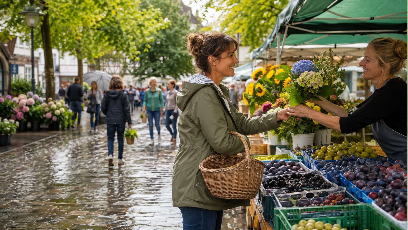 Wahre Siderische Astrologie: Eine Frau kauft nach einem Sommerregen Blumen und Beeren auf einem lebendigen Wochenmarkt.