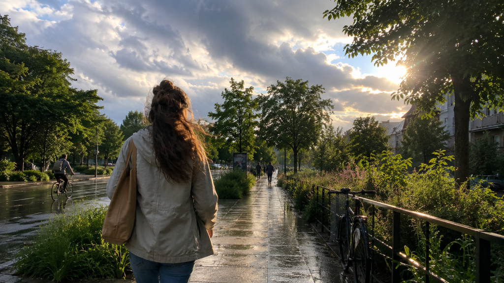 Kosmisches Wetter am 21. August 2026: Frau unterwegs auf einem nassen Weg nach sommerlichem Regen und Abkühlung bei wechselhaftem Augusthimmel.