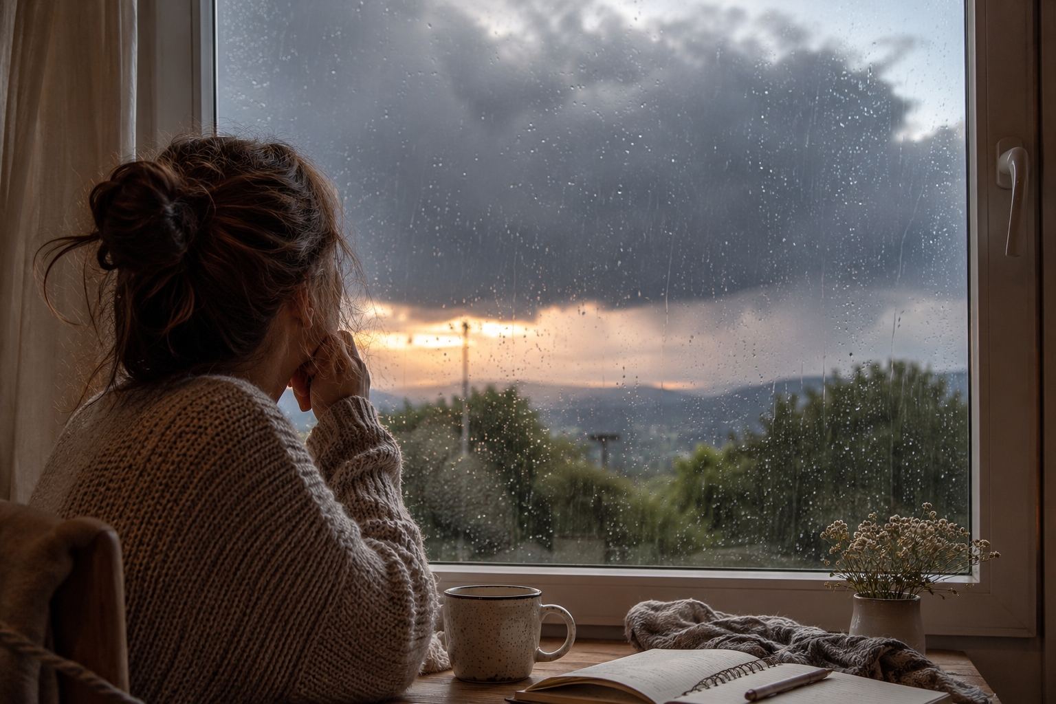 Kosmisches Wetter: Frau sitzt an einem regennassen Fenster und blickt auf dunkle Gewitterwolken – alltägliche Stimmung passend zum Kosmischen Wetter Ende August 2026.