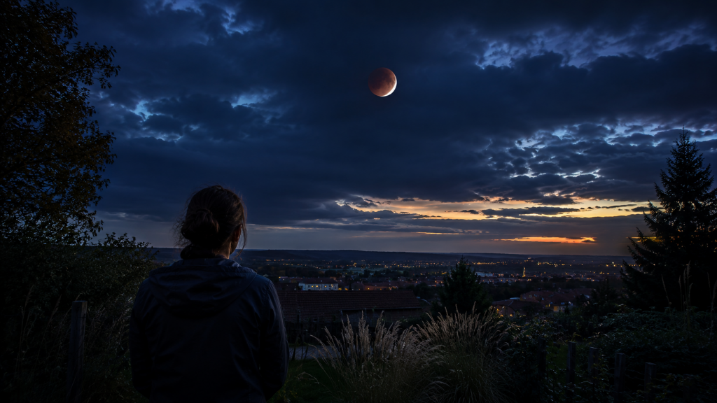 Wahre Siderische Astrologie: Frau betrachtet die dramatische partielle Mondfinsternis über einer spätsommerlichen Landschaft am frühen Morgen.