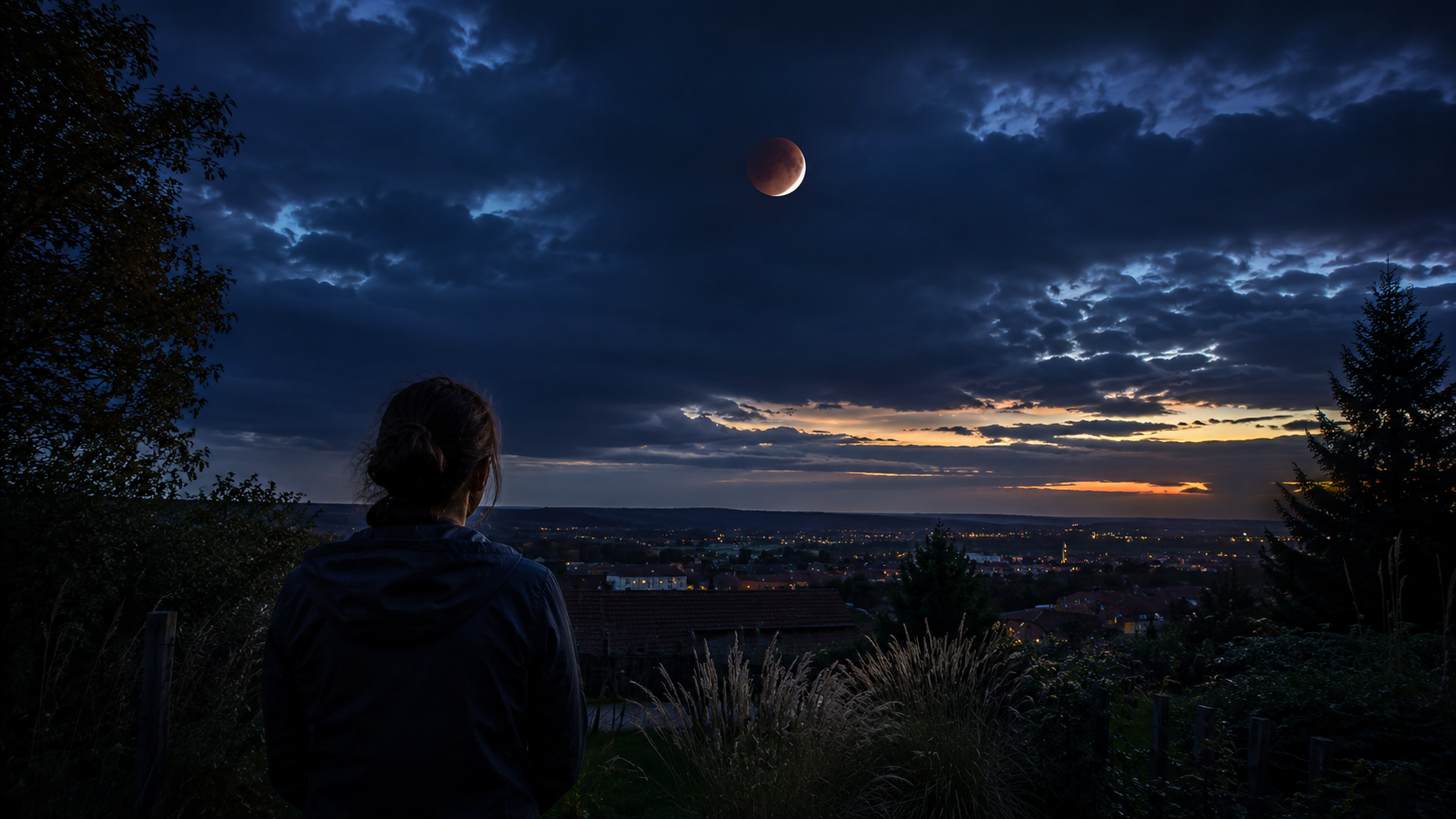 Wahre Siderische Astrologie: Frau betrachtet die dramatische partielle Mondfinsternis über einer spätsommerlichen Landschaft am frühen Morgen.