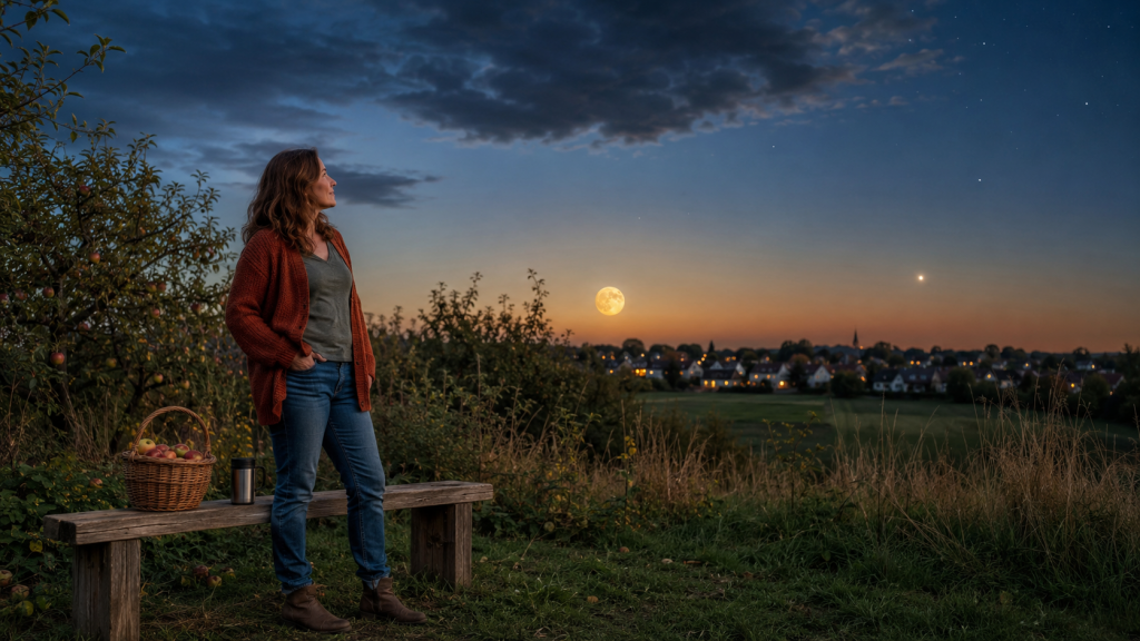 Kosmisches Wetter Titelbild: Frau mit offenen Haaren betrachtet den Erntemond über einer spätsommerlichen Landschaft