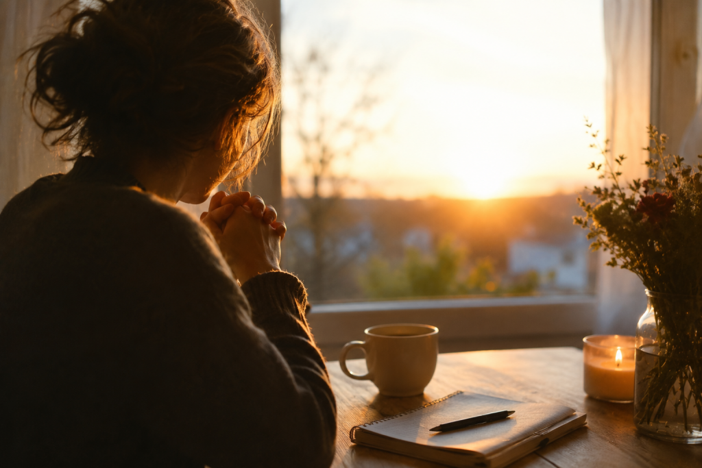 Frau spricht ein Dankgebet am Fenster im warmen Morgenlicht und nimmt sich Zeit, Gott für die Segnungen ihres Lebens zu danken.