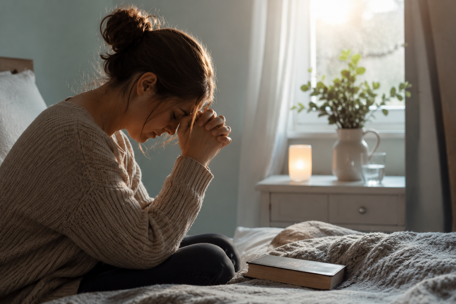 Frau sitzt erschöpft auf ihrem Bett und spricht ein Gebet um Heilung, Gesundheit und neue Kraft im Vertrauen auf Jesus Christus.