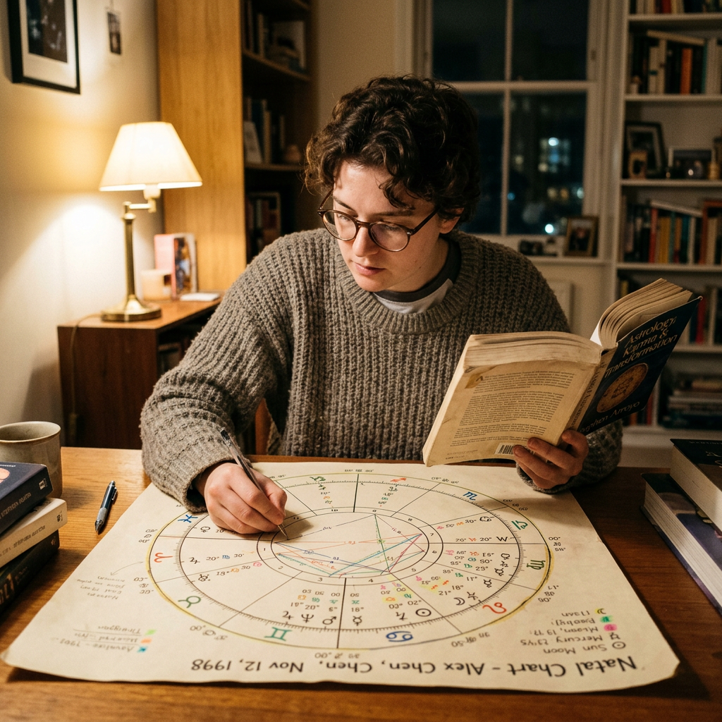 Person studying a detailed natal chart diagram while holding an astrology book