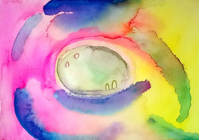 Seelenbild - Aquarell in Pastellfarben. Mittig etwas wie eine Seifenblase.