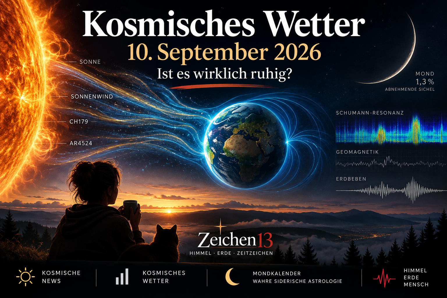 Kosmisches Wetter am 10. September 2026 mit Erde, Sonne, abnehmender Mondsichel und atmosphärischen Lichtstrukturen als Symbol für Sonnenwind und Schumann-Resonanz.