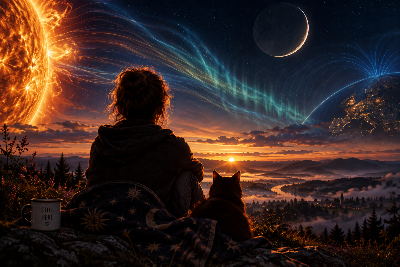 Kosmisches Wetter am 13. September 2026 mit Mensch und Katze unter einem kosmischen Himmel, während Sonnenwind, Erdmagnetfeld und schmale Mondsichel eine Phase zwischen Ruhe und neuer Aktivität symbolisieren.
