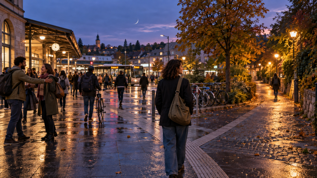 Menschen auf einem spätsommerlichen Bahnhofsvorplatz nach dem Regen, während eine Person unter der jungen Mondsichel an einer Weggabelung ihre Richtung wählt.