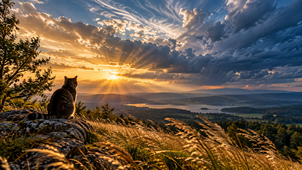 Kosmisches Wetter 17. September 2026 – Katze in windbewegter Landschaft unter dynamischem Himmel nach einer starken Sonnenwindphase