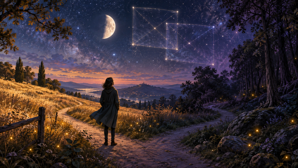 Person an einer Weggabelung unter dem zunehmenden Mond und zwei überlagerten leuchtenden Rechtecken am spätsommerlichen Sternenhimmel.