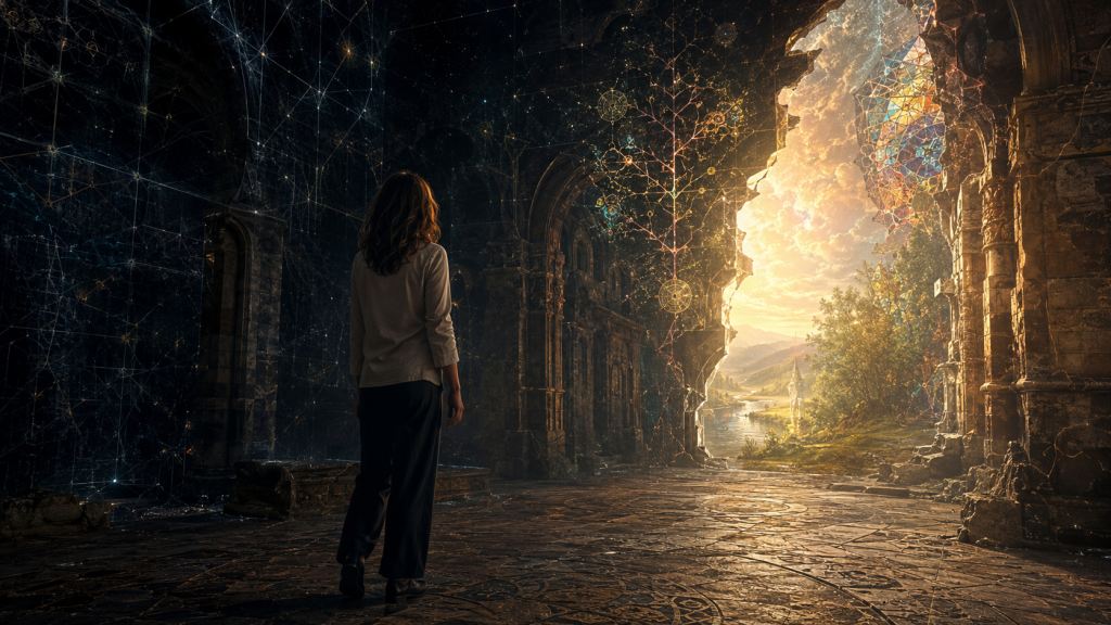 Dramatische Bildkomposition zum Artikel über Gnostik und Katharer, Kabbala, christliche Glaubensrichtungen und moderne Vorstellungen von Matrix, Archonten und spirituellem Erwachen.