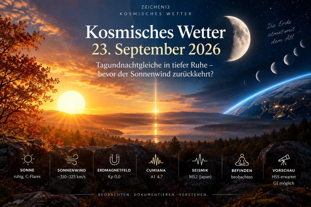 Kosmisches Wetter 23. September 2026 – Tagundnachtgleiche mit Sonne, Mond und Erde bei ruhigem Erdmagnetfeld vor erwartetem Sonnenwind