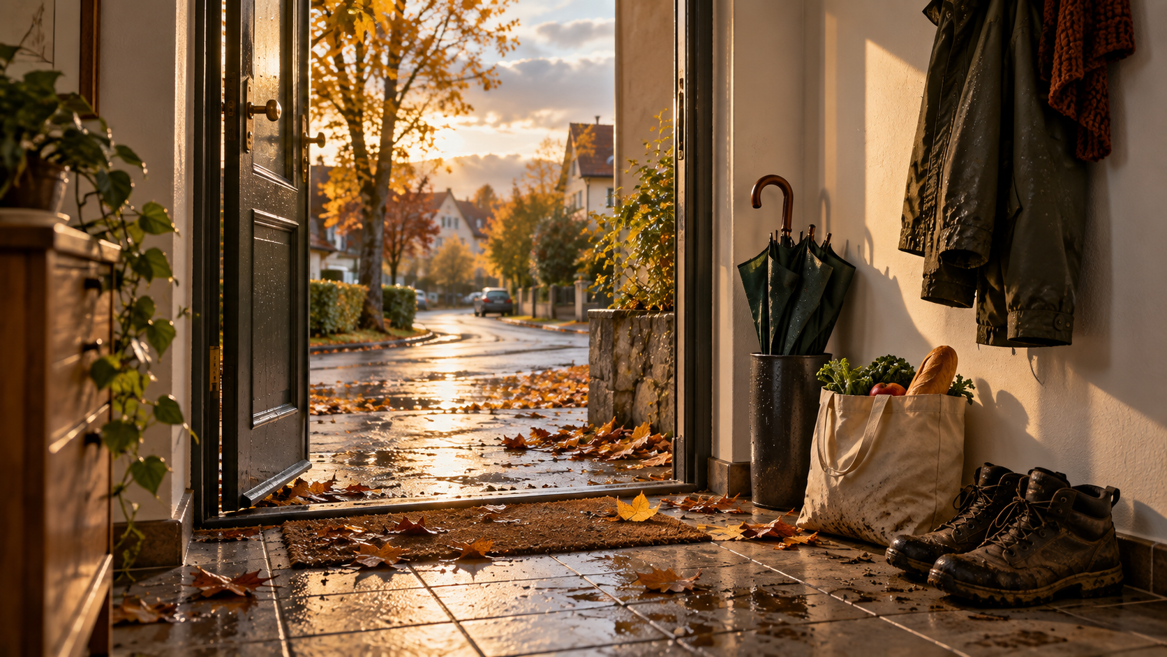 Mondkalender 27.–30. September 2026: Eine offene Haustür nach einem Herbstregen mit nassen Schuhen, Regenschirm und Einkaufstasche. Warmes Sonnenlicht fällt auf die regennasse Straße.