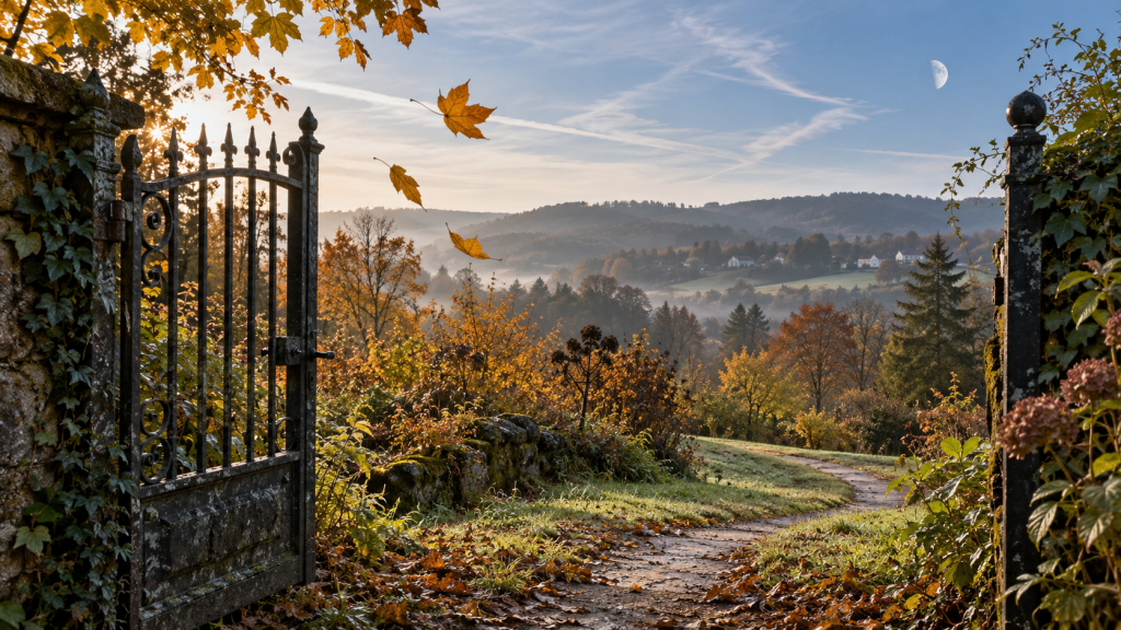 Mondkalender Oktober 2026: Offenes schmiedeeisernes Tor mit geschwungenem Weg durch eine herbstliche Landschaft, drei fallenden Blättern und abnehmendem Halbmond am Morgenhimmel.