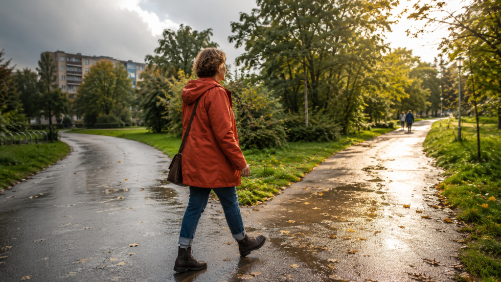 Frau wählt nach einem Regenschauer an einer Weggabelung bewusst den helleren Weg – Sinnbild für die Wahre Siderische Astrologie vom 4. bis 7. September 2026.