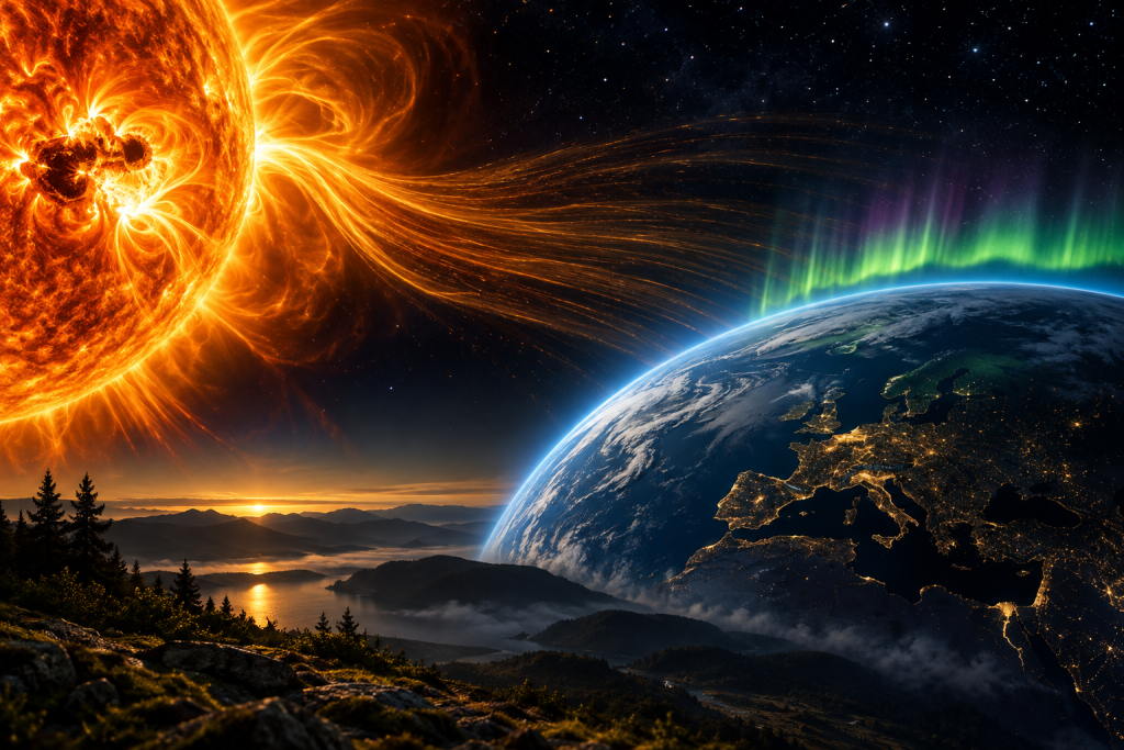 Kosmisches Wetter: Starker Sonnenwind trifft auf die Erde – Illustration zum kosmischen Wetter am 8. September 2026 mit Sonne, Erde und Polarlicht.